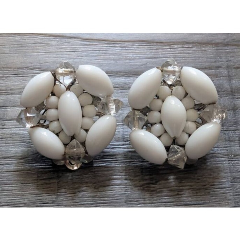 Vintage White Milk Glass Beaded Clip-On Earrings